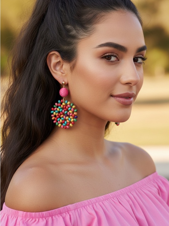 Jewelry - Handmade Boho Wood Bead & Raffia Statement Summer Earrings Eclectic Whimsical